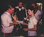 Sprowston High School, Peter Chapman presents a pendant, certificate & friendship trophy to German Coach Werna Thone of PSV Peine, 1982